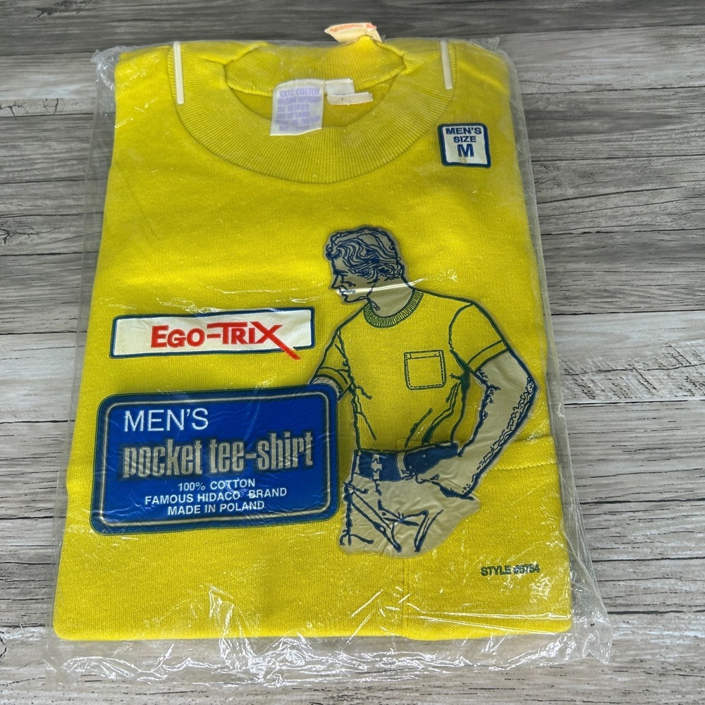 Vintage Ego-Trix Mens Pocket Tee Shirt New Deadstock Medium 100% Cotton Yellow
